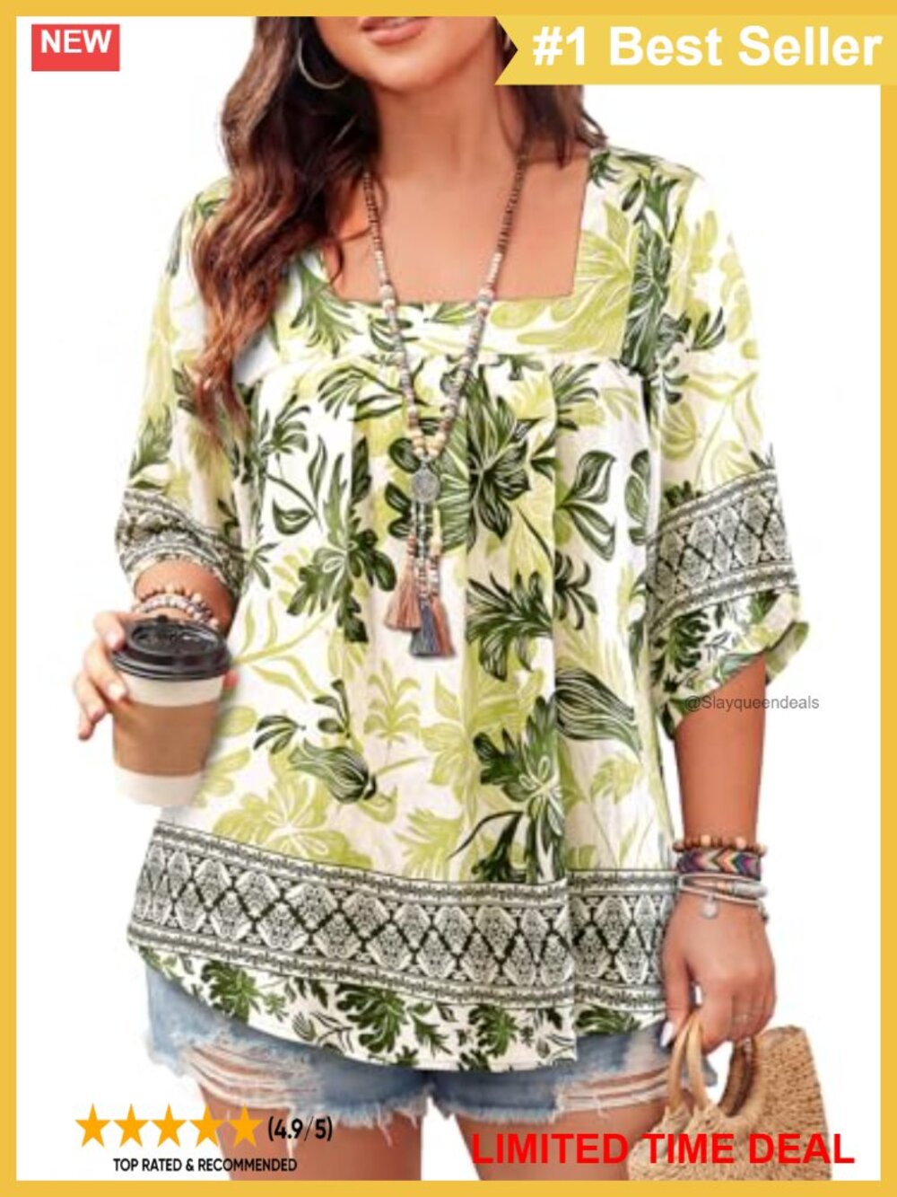 Plus Size Boho Square Neck 3/4 Sleeve Tunic Blouse Flowy Vacation Top